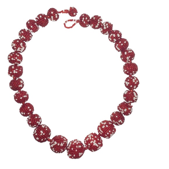 Red & White Seed Bead Balls Handmade Statement Necklace - Picture 1 of 4